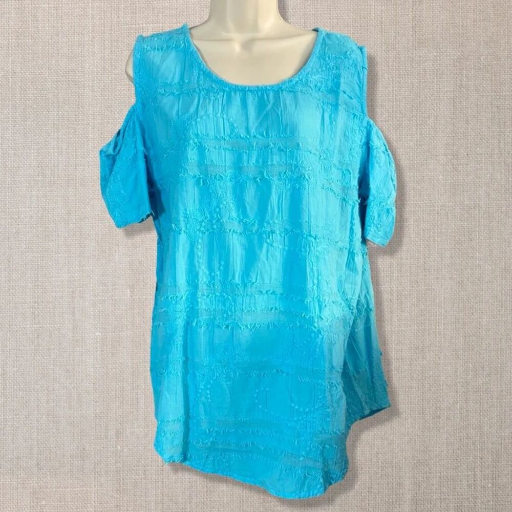 Vintage Cottonseed USA Women L Turquoise Cold Shoulder Embroidered Tunic Top